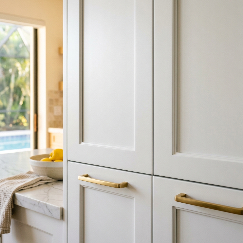 Freshly painted bright white kitchen cabinet doors in a Naples home, clean crisp brush lines and professional finish.