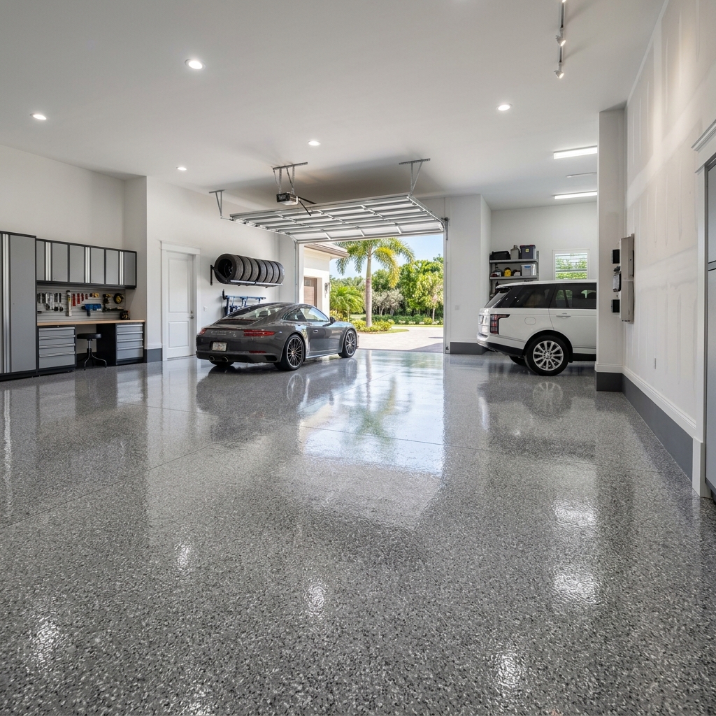 High-gloss polished epoxy garage floor in a Naples estate home, clean light reflections, professionally applied.