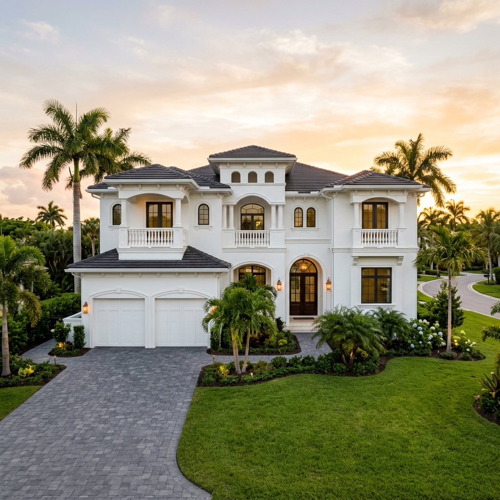 Pristine freshly painted white stucco exterior of a luxury Naples coastal home at golden hour, clean edges and immaculate finish.