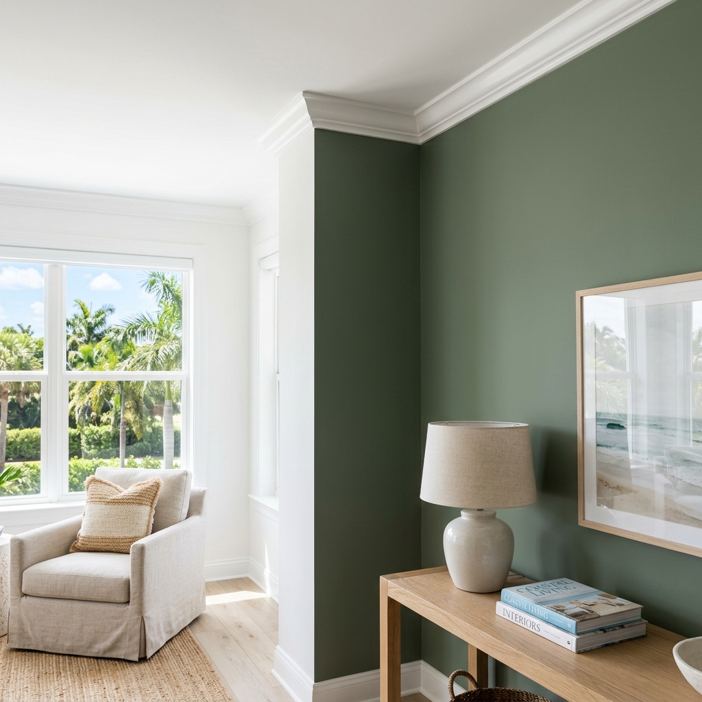 Crisp freshly painted interior accent wall in a luxury Naples living room, clean paint lines meeting white crown molding, zero bleed.