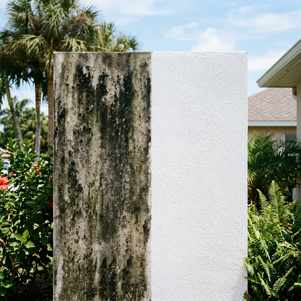 Before and after split view: dark mold-stained stucco on the left being blasted clean by a professional pressure washer revealing bright white surface on the right.