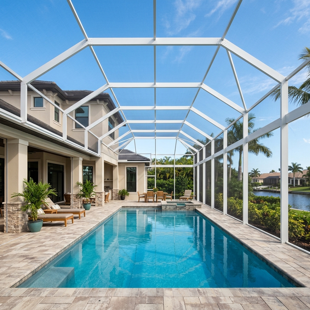 New clean pool enclosure screen and frame installed on a luxury Florida home, bright and pristine against a clear sky.